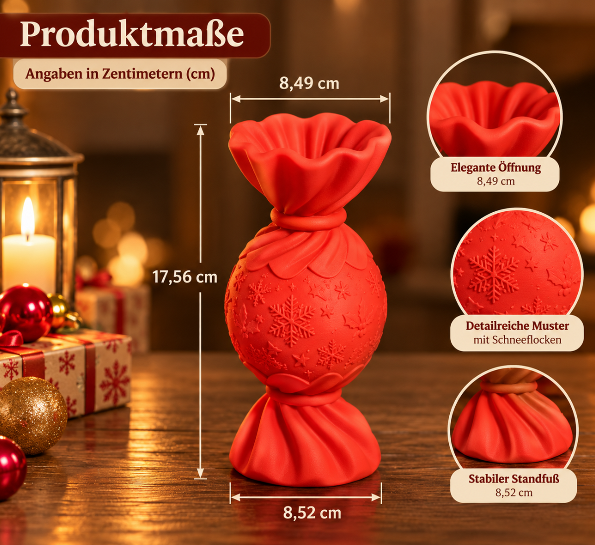 Weihnachtsvase in Rot – Elegante Bonbon-Designvase mit Schneeflocken