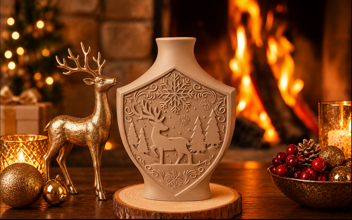 Weihnachtsvase mit Hirschmotiv – Elegante Winterdeko in der Farbe Latte