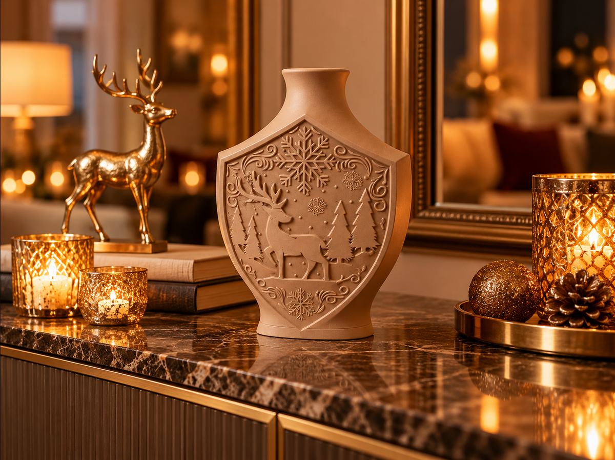 Weihnachtsvase mit Hirschmotiv – Elegante Winterdeko in der Farbe Latte