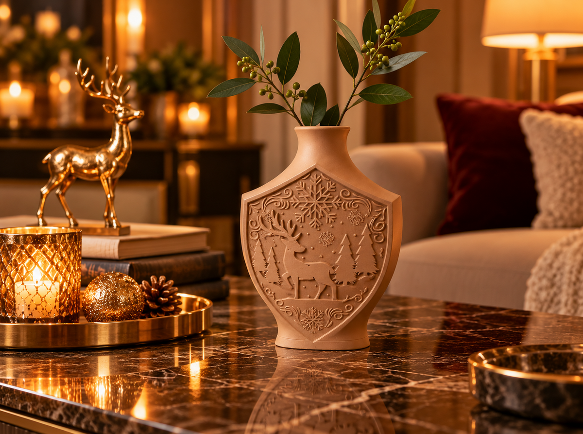 Weihnachtsvase mit Hirschmotiv – Elegante Winterdeko in der Farbe Latte