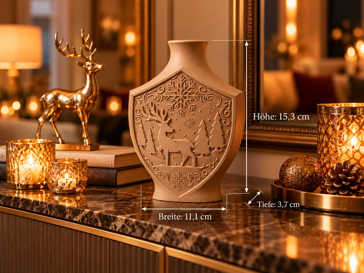 Weihnachtsvase mit Hirschmotiv – Elegante Winterdeko in der Farbe Latte
