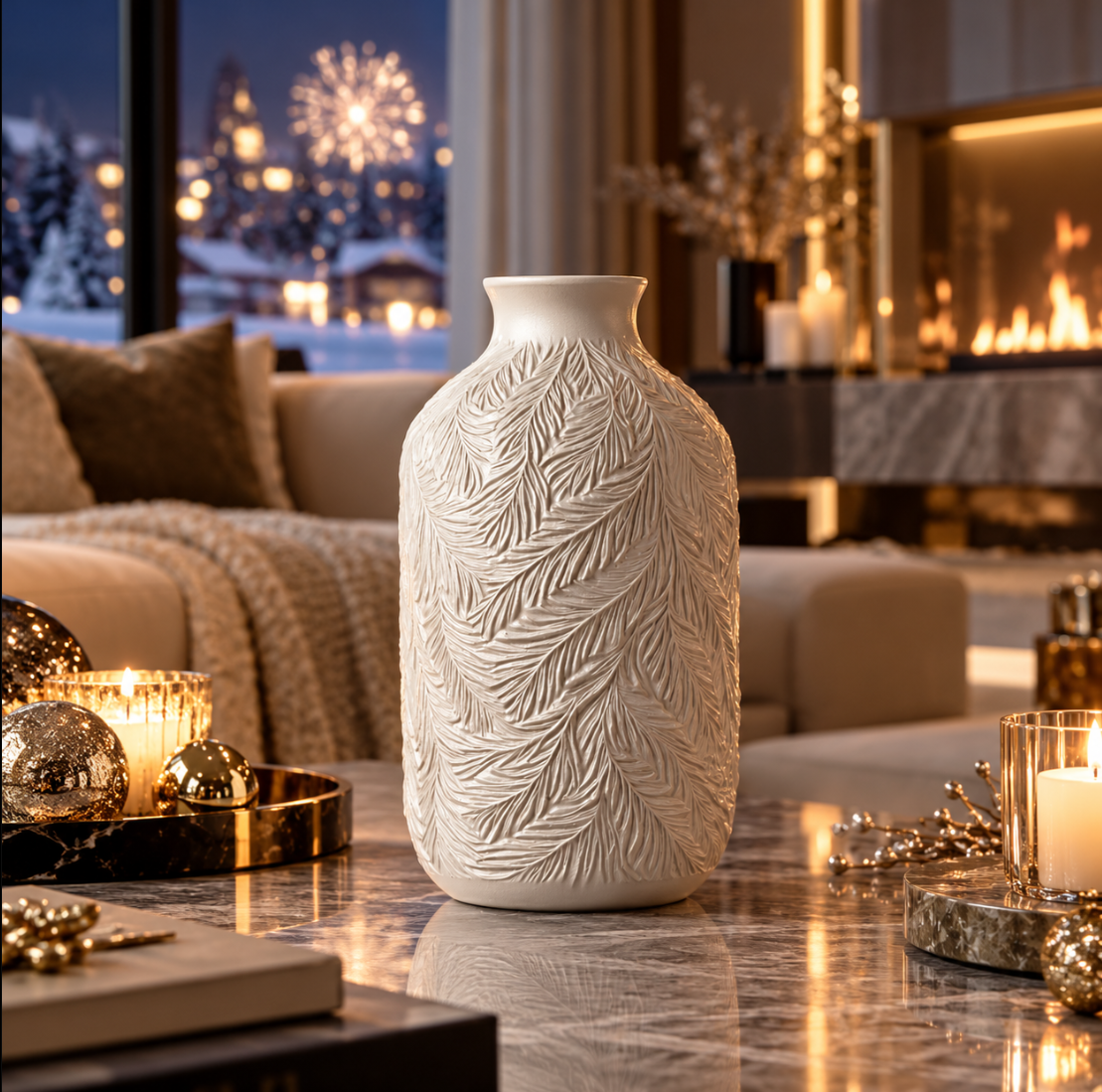 Elegante Deko-Vase in Weiß mit feinem Blätterrelief