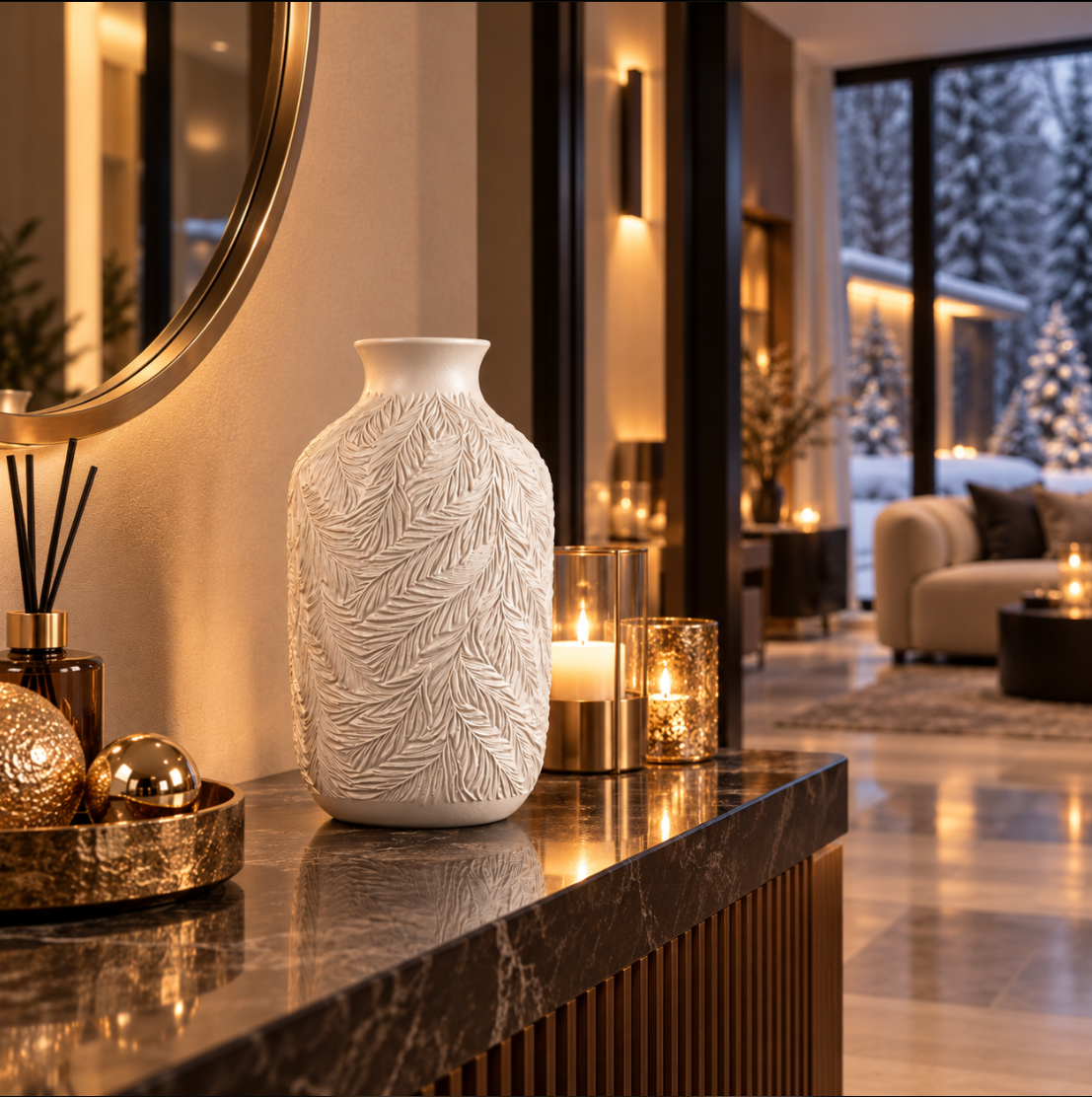 Elegante Deko-Vase in Weiß mit feinem Blätterrelief