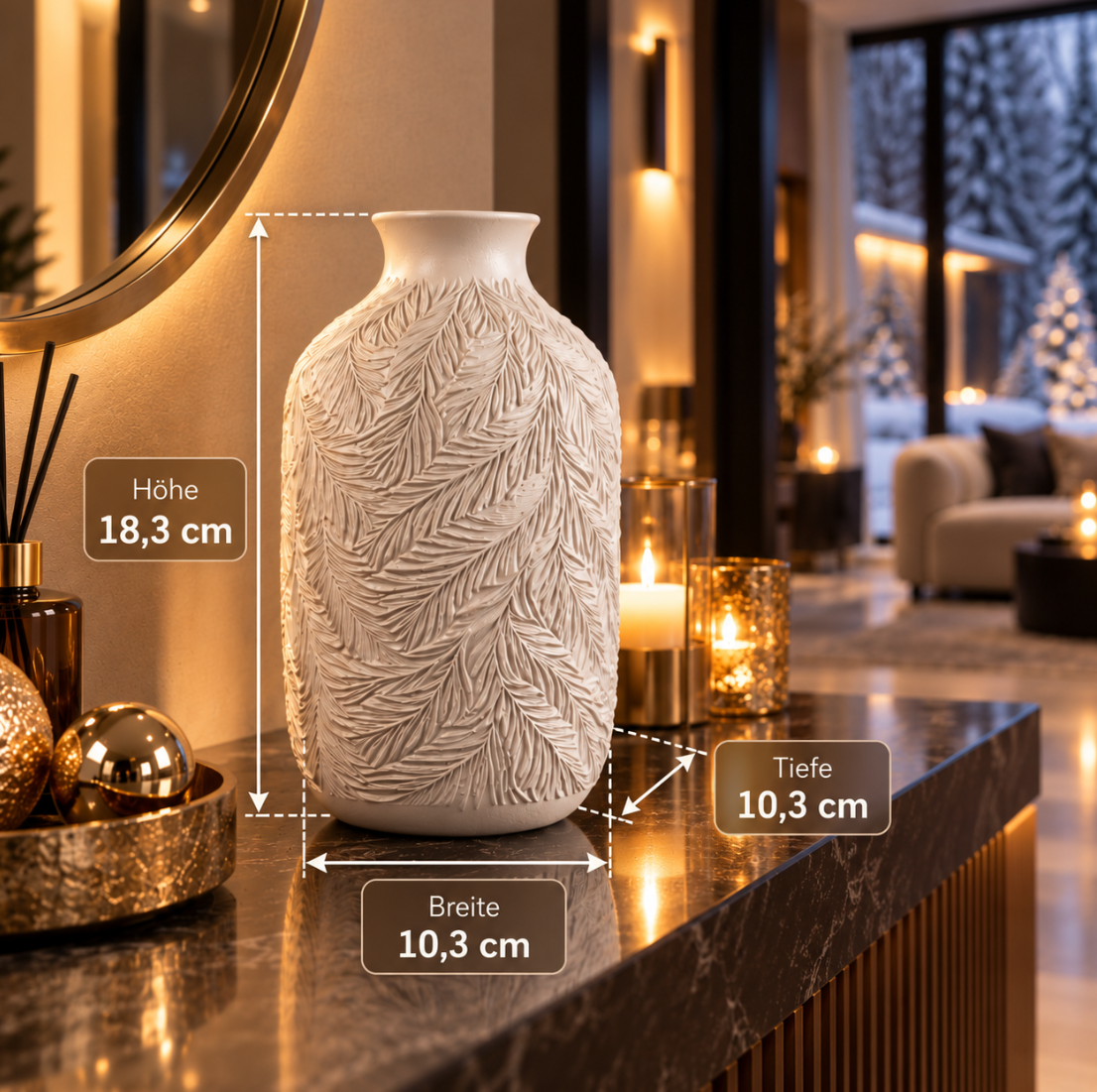 Elegante Deko-Vase in Weiß mit feinem Blätterrelief