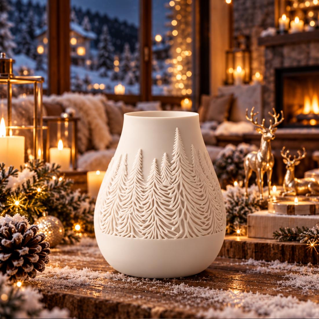 Weiße Deko-Vase mit Waldmotiv – Elegante Winterdeko