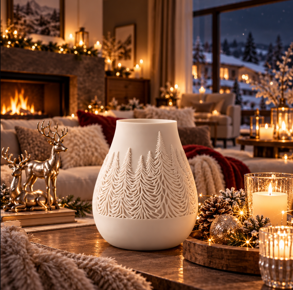 Weiße Deko-Vase mit Waldmotiv – Elegante Winterdeko