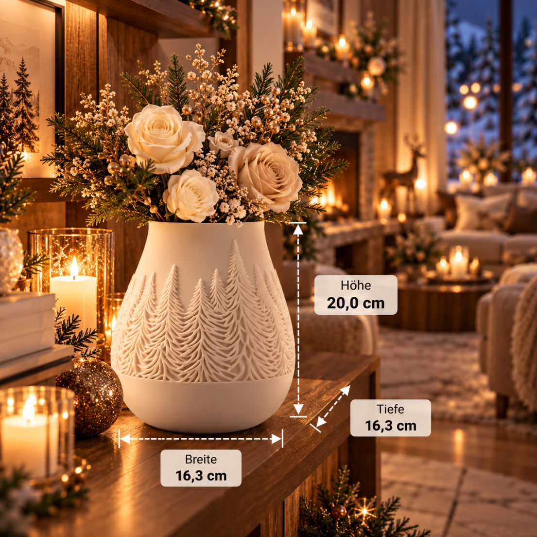 Weiße Deko-Vase mit Waldmotiv – Elegante Winterdeko