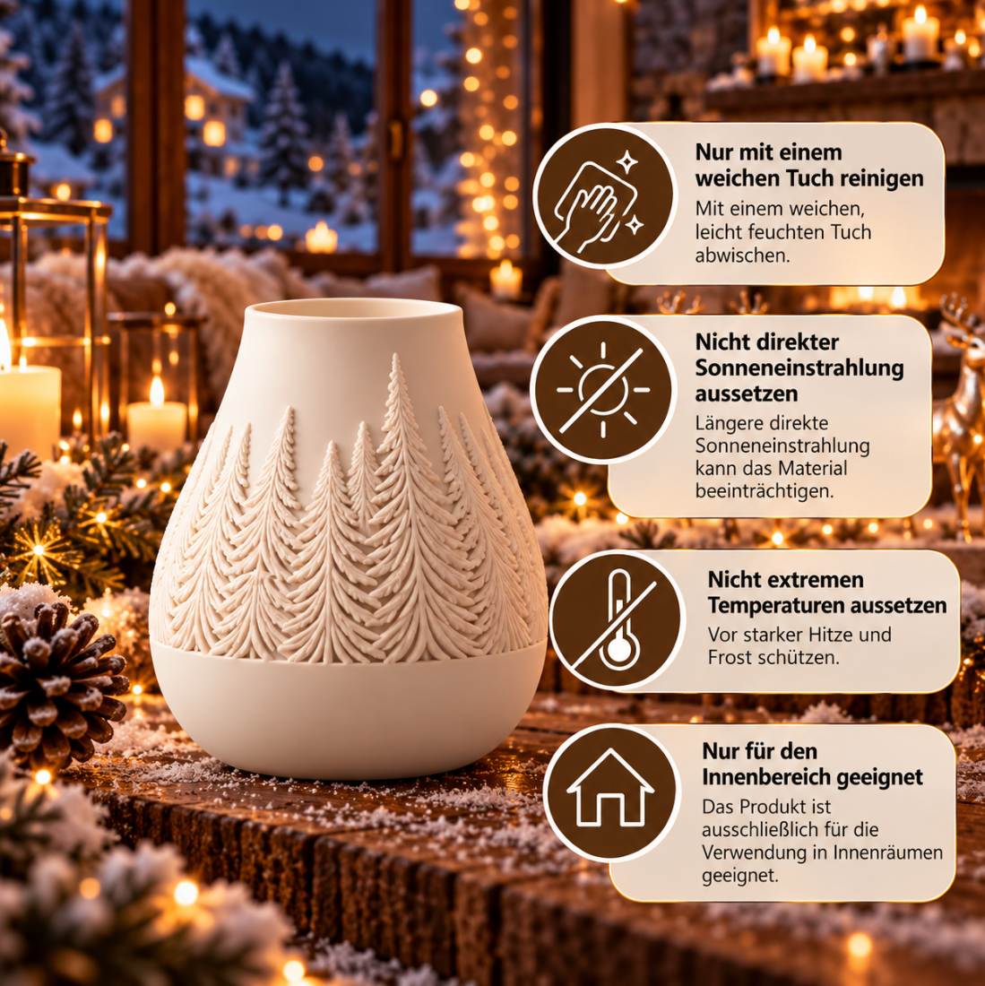 Weiße Deko-Vase mit Waldmotiv – Elegante Winterdeko