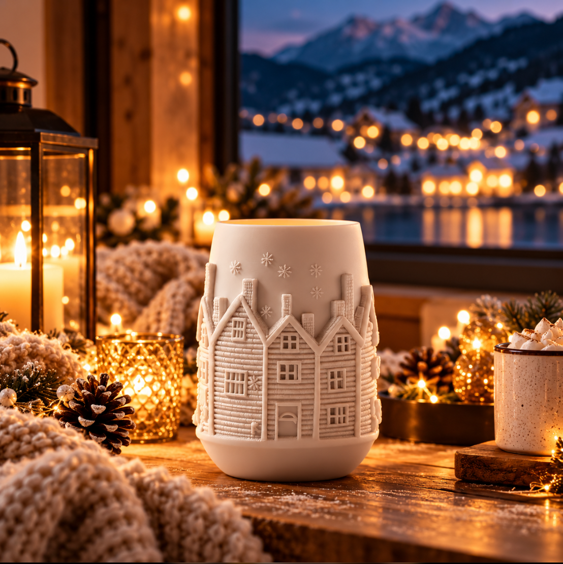 Weiße Deko-Vase mit Winterdorf – Winterliche Wohndeko