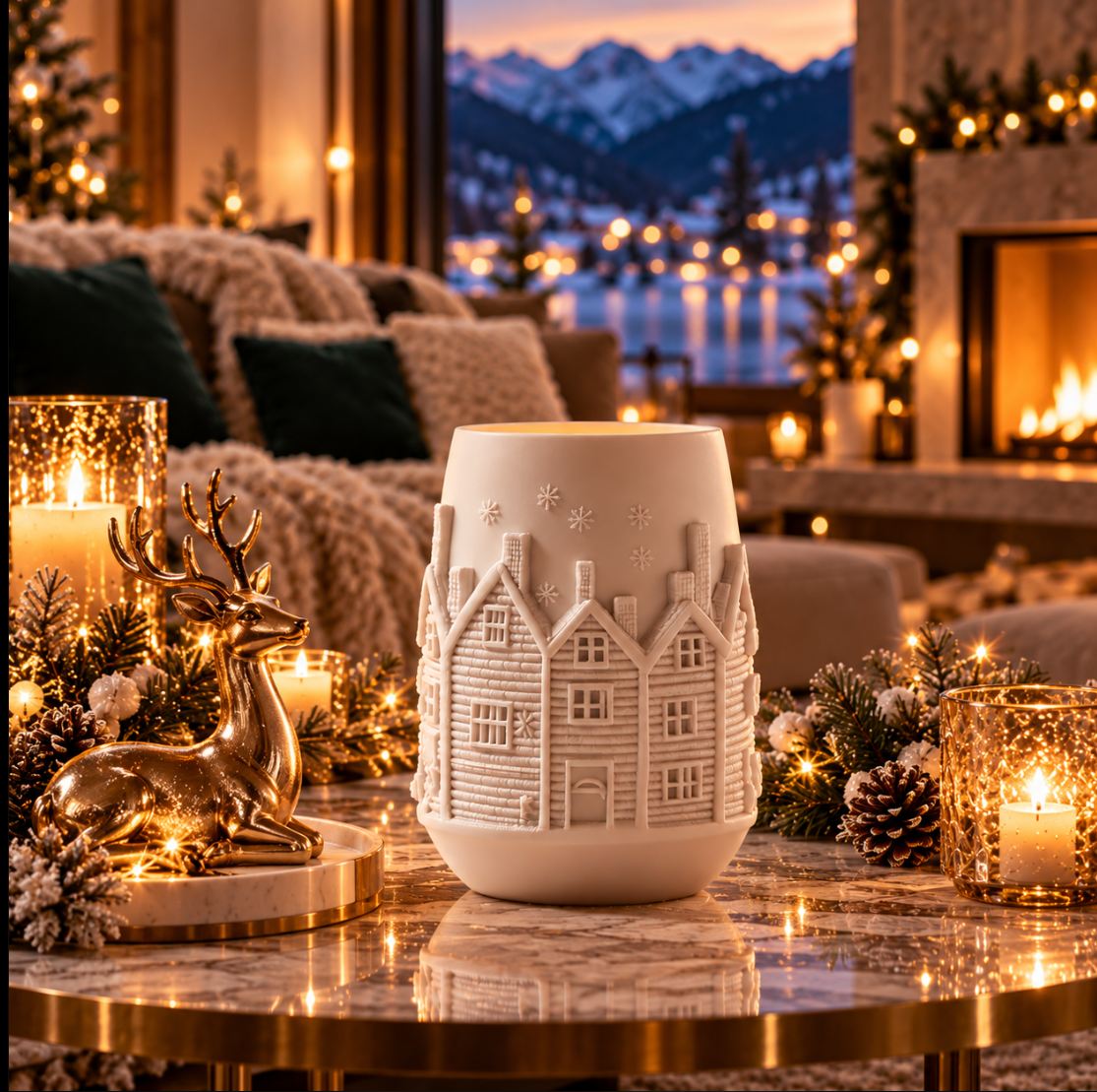 Weiße Deko-Vase mit Winterdorf – Winterliche Wohndeko