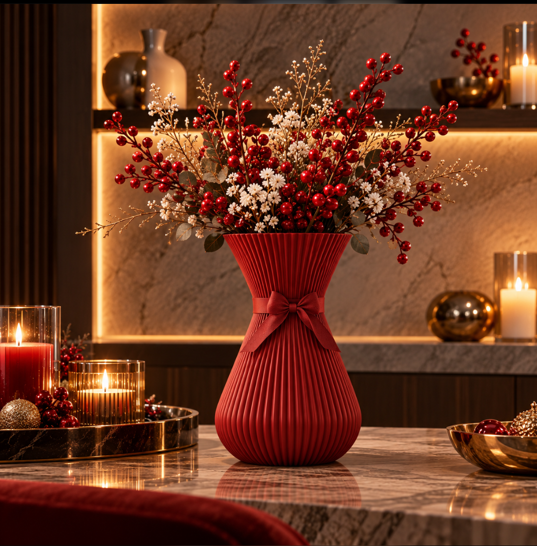 Elegante Deko-Vase in Rot mit Schleife – Modernes Rillendesign