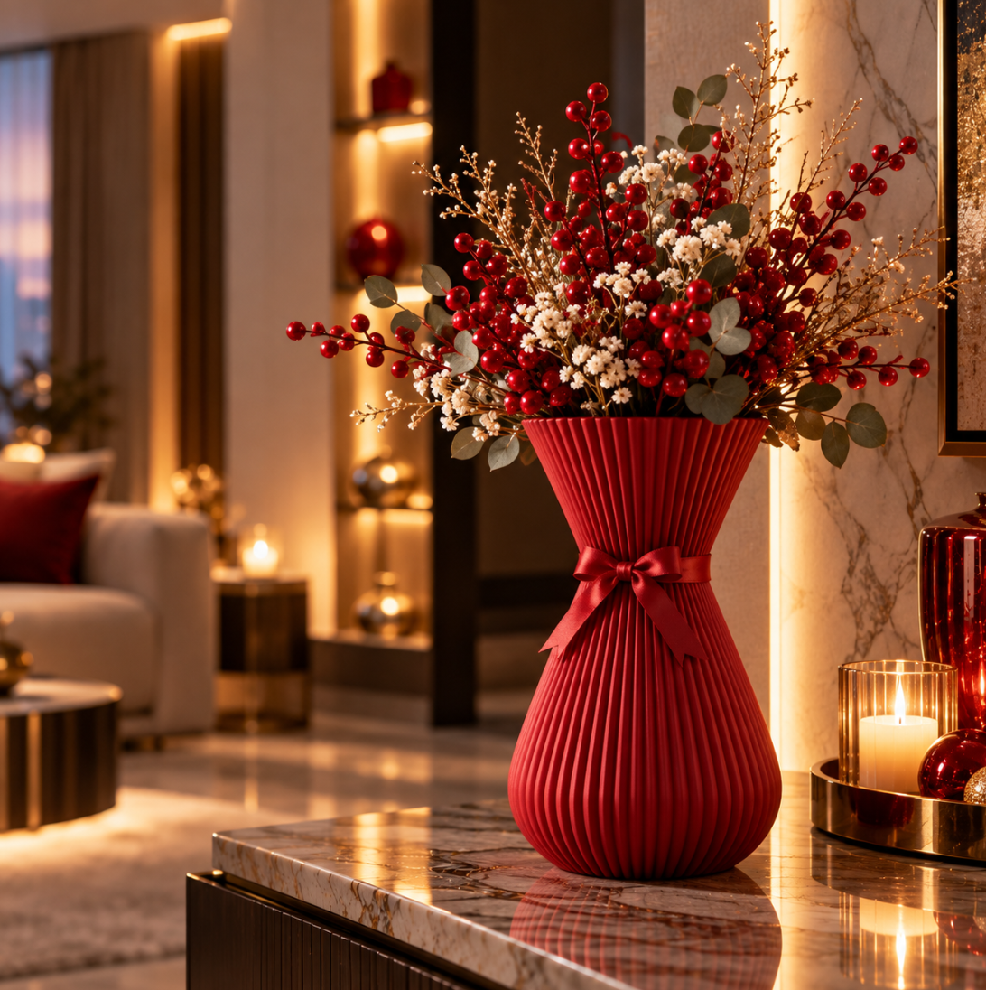 Elegante Deko-Vase in Rot mit Schleife – Modernes Rillendesign