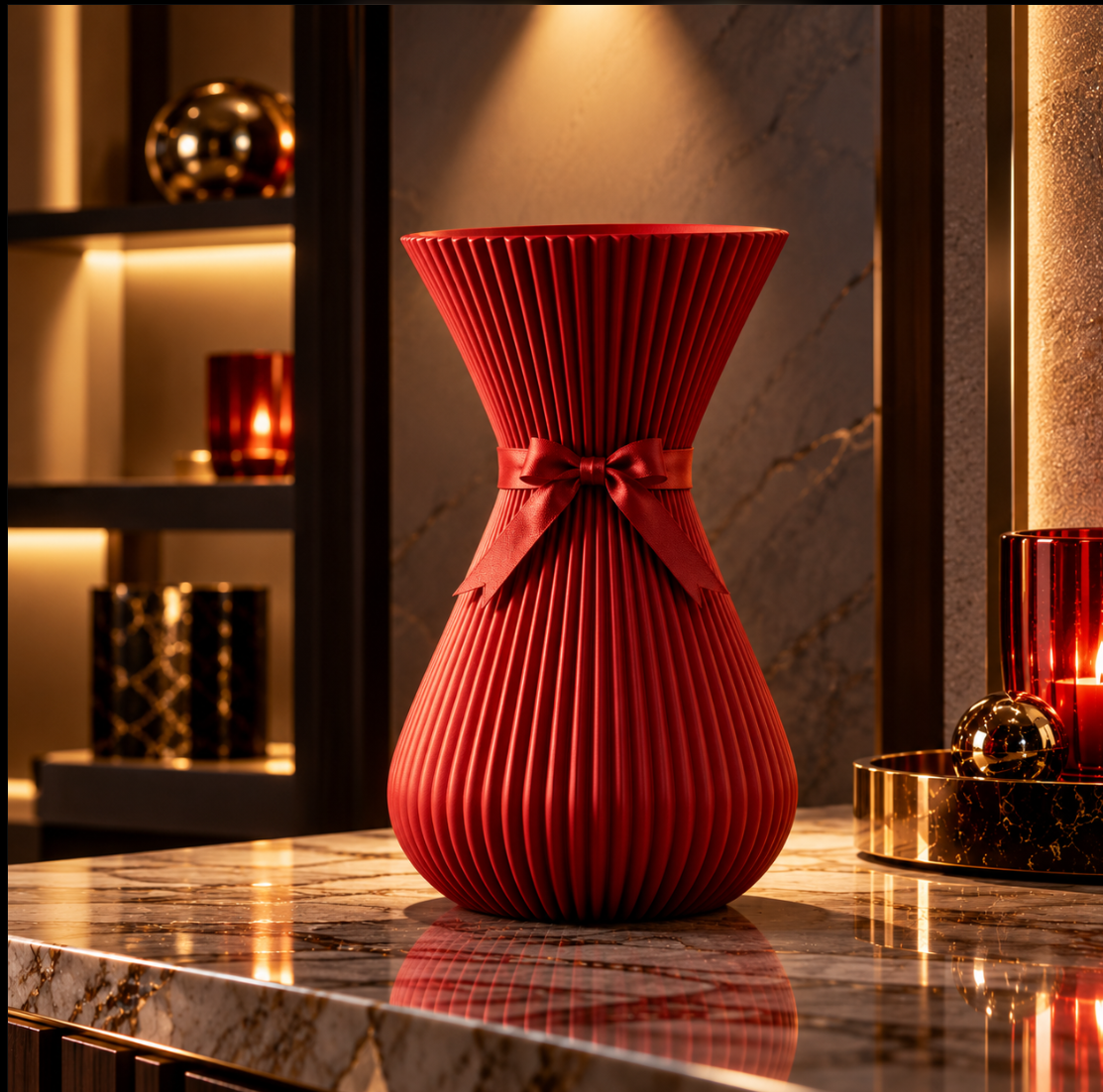 Elegante Deko-Vase in Rot mit Schleife – Modernes Rillendesign
