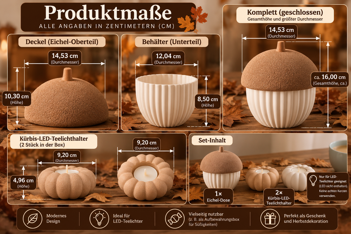 Herbst Deko Set 3-teilig – Eichel mit Deckel & 2 Kürbis LED-Teelichthaltern