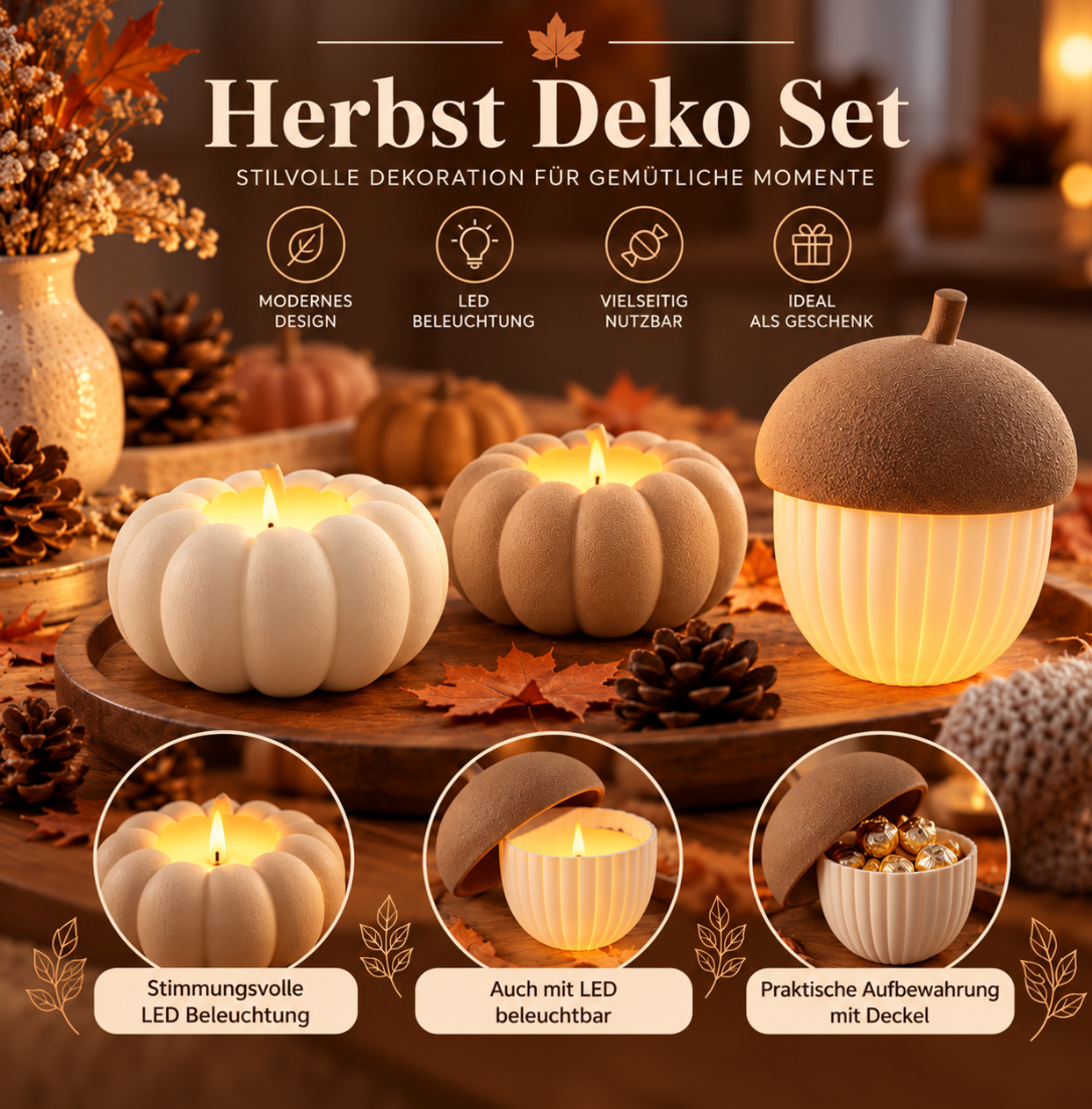 Herbst Deko Set 3-teilig – Eichel mit Deckel & 2 Kürbis LED-Teelichthaltern