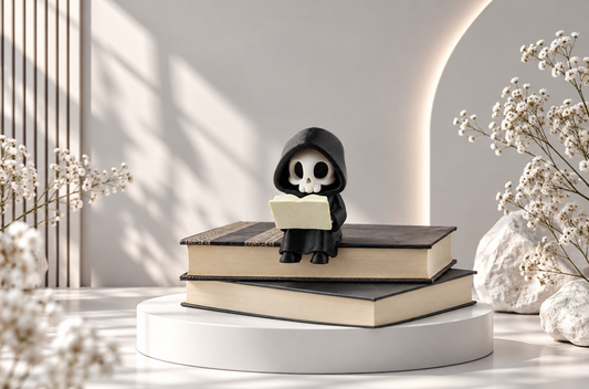Totenkopf-Figur mit Buch – Gothic-Deko für Bücherregal & Leseecke