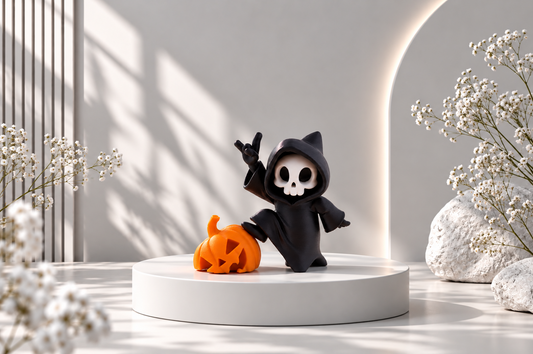 Niedliche Totenkopf-Figur mit Kürbis – Halloween-Deko