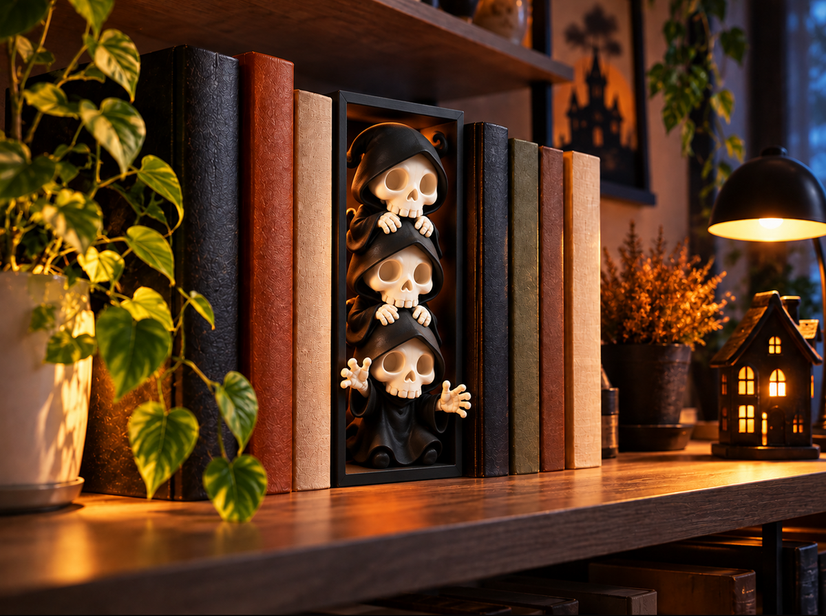 Totenkopf Buchstütze – Gothic Deko für Bücherregal & Halloween