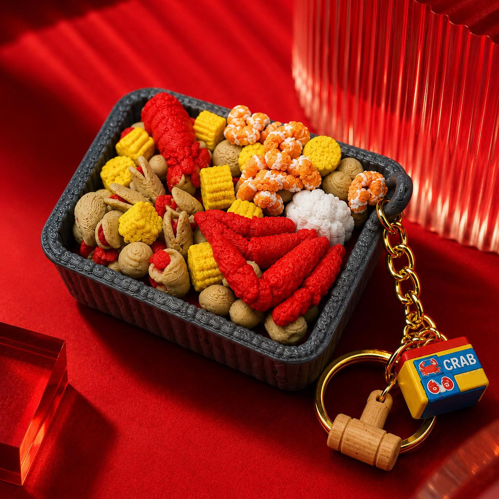 Seafood Boil Clicker Fidget Keychain ,Satisfying Click Toy with Mini Food Details and charm