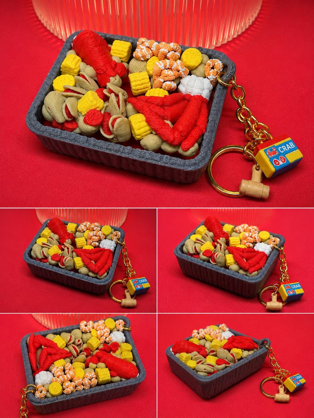 Seafood Boil Clicker Fidget Keychain ,Satisfying Click Toy with Mini Food Details and charm