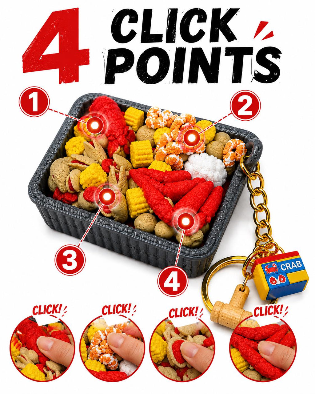 Seafood Boil Clicker Fidget Keychain ,Satisfying Click Toy with Mini Food Details and charm